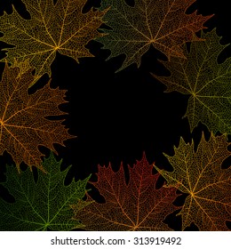 Illustration of colorful maple leaves frame on black background
