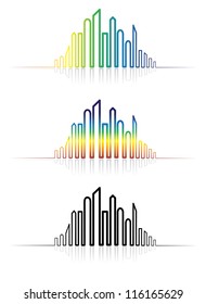 Illustration of colorful metropolitan city skyline. The graphic is created using line to outline the downtown skyscrapers in rainbow colors and in black & white with reflections.