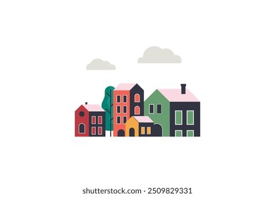 Ilustración de coloridas casas minimalistas con árboles y nubes sobre un fondo blanco, diseño urbano moderno.