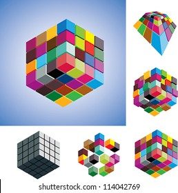 Illustration of colorful and mono-chromatic 3d cubes arranged in various ways showing them in different perspective and view angles.