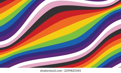 Illustration of colorful new Social Justice Progress rainbow pride banner of LGBTQ+ (Lesbian, gay, bisexual, transgender Queer) organization. June is celebrated as the Pride Parade month.