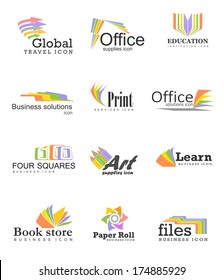 An illustration of colorful office and business icons.