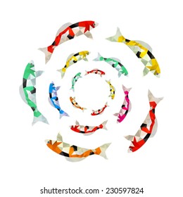 Illustration of colorful origami koi fish swimming in circle