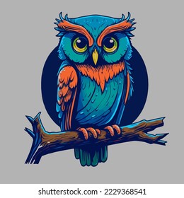 Illustration of Colorful Owl on the Jungle Tree for Logo Poster Design