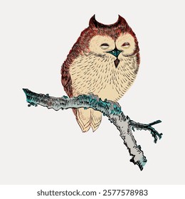 Illustration of a colorful owl perched on a branch. The owl features vibrant feathers and a detailed design. Owl art with a branch, showcasing nature's beauty. Vintage art drawing illustration vector.