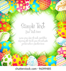 illustration of colorful painted egg in grass as frame of easter background