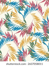 illustration of colorful palm leaves arranged on a cream background. seamless colorful pattern.