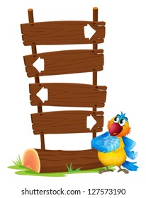 Illustration of a colorful parrot beside a signboard  on a white background