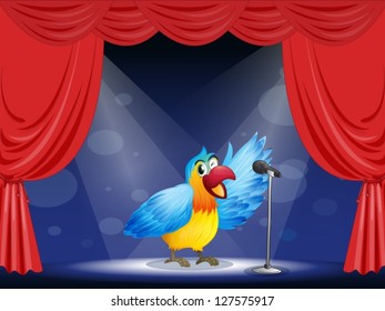 Illustration of a colorful parrot at the center of the stage