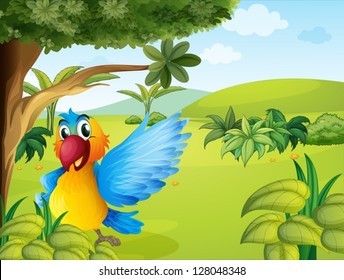 Illustration of a colorful parrot in the forest