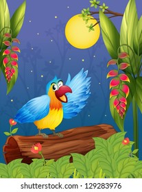 Illustration of a colorful parrot in the middle of the woods