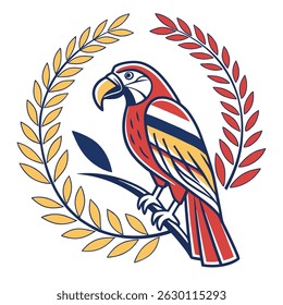 Illustration of a colorful parrot perched on a branch surrounded by a laurel wreath design element