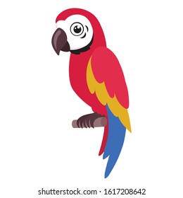 Illustration of a colorful parrot sitting on a branch on a white background