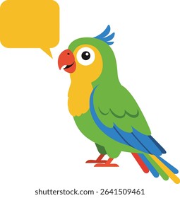 Illustration of a colorful parrot with a speech bubble, featuring green, yellow, blue, and red colors, conveying communication or talking in a playful style. Cheerful mood.