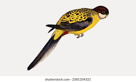 Illustration of a colorful parrot with vibrant yellow and black feathers, a long tail, and a detailed pattern. The parrot is perched, showcasing its vivid plumage. Vintage bird illustration vector.