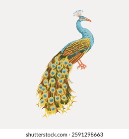 Illustration of a colorful peacock with vibrant feathers. The peacock's plumage features intricate patterns. The peacock stands gracefully, showcasing its beauty. Vintage bird illustration vector.