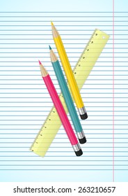 Illustration of colorful pencils with erasers and ruler on ruled paper
