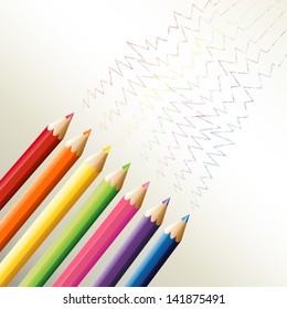 Illustration of the colorful pencils with zigzag lines on a white background