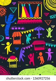 Illustration of Colorful People and Elements In a Festival from Stage Spotlight, Dancing Balloon, Stalls and Buntings