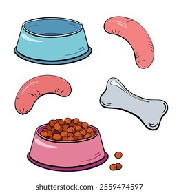 Illustration of colorful pet food bowls and delicious treats for our beloved animals.Vector illustration. Pet shop