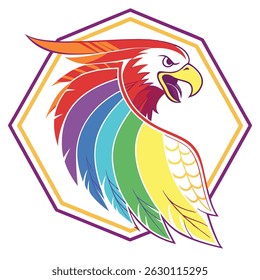 Ilustração de uma fênix colorida com asas de arco-íris dentro de uma forma geométrica de borda roxa e dourada
