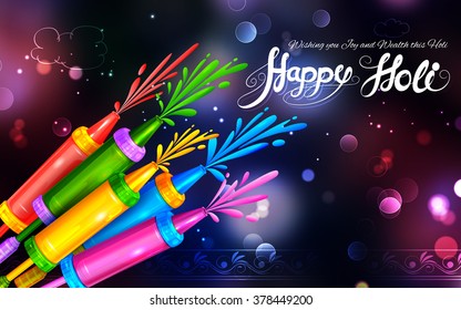 illustration of colorful pichkari in Happy Holi background