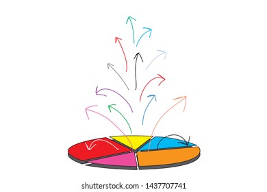 Illustration of colorful pie chart with arrows up, business concept of operations report celebration