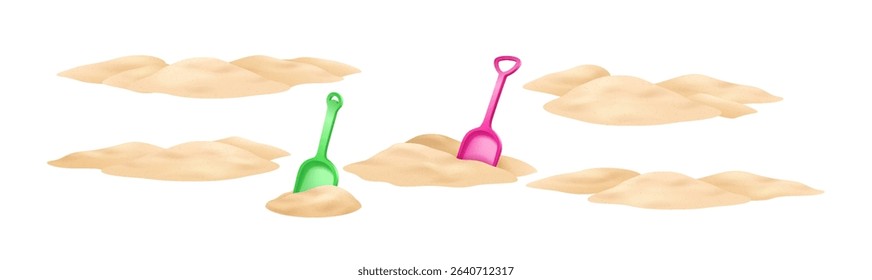 Illustration of colorful plastic shovels resting in soft sand. Green and pink shovels add vibrant contrast. Perfect for summer beach activities and playful themes.