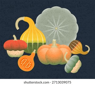 Ilustração de abóbora colorida com efeito de rascunho Colheita de abóboras decorativas.