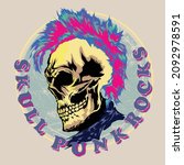 Illustration colorful punk skull, grunge background, punk hair style multi collard hair , typography.