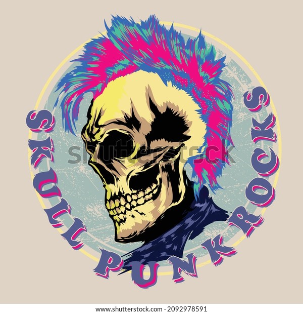 Illustration colorful punk\
skull, grunge background, punk hair style multi collard hair ,\
typography.