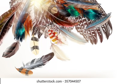 Illustration with colorful realistic vector feathers for design