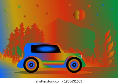 An illustration with a colorful retro car on the background of an orange-green landscape. Use for design and background.