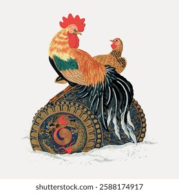 Illustration of a colorful rooster and hen perched on a decorative wheel with intricate patterns. The rooster and hen are detailed and vibrant. Vintage bird illustration vector.