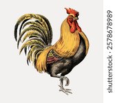 Illustration of a colorful rooster with vibrant feathers. The rooster stands proudly, showcasing its detailed plumage. Rooster art with intricate feather design. Vintage bird illustration vector.