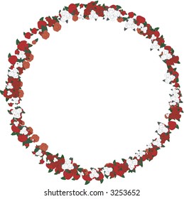 Illustration of colorful roses in a circle framed design element, with no gradients.