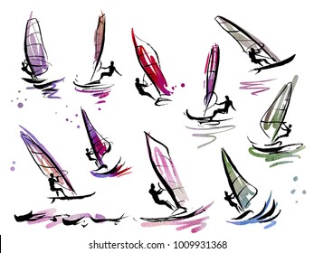 Illustration of colorful sails and surfers.