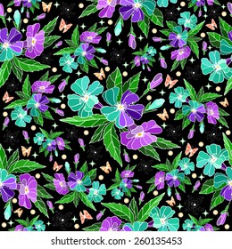 Illustration of colorful seamless floral pattern with butterflies on black background 