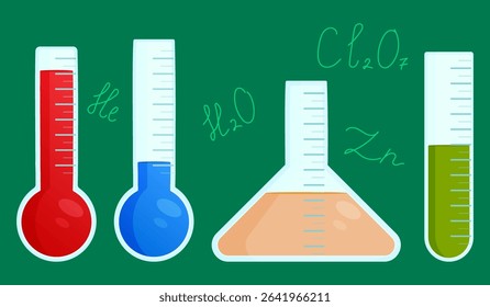 Illustration of an colorful set chemistry flasks with liquids and chemical formulas on green background. For back to school theme, education and science visual, educational concept, classroom decor.