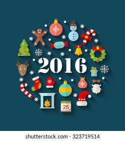 Illustration Colorful Simple Flat Icons with Long Shadows for Happy New Year 2016 - Vector