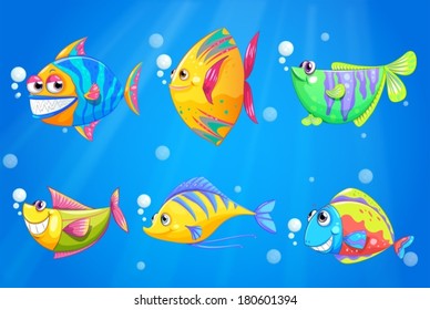 Illustration of the colorful and smiling fishes under the sea