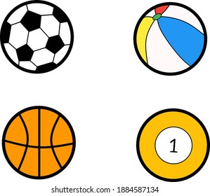 illustration colorful soccer ball, common ball, basketball, and billiard ball