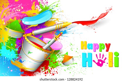 illustration of colorful spalsh with bucket full of color and pichkari in Holi background