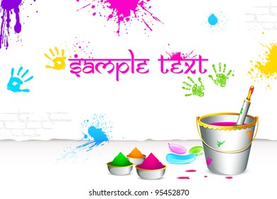 illustration of colorful spalsh on wall with bucket full of color and pichkari