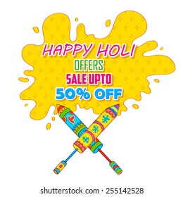 illustration of colorful splash coming out from pichkari in Holi promotional background