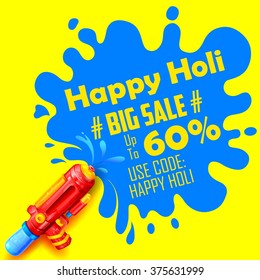 illustration of colorful splash coming out from pichkari in Holi promotional background