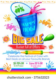 illustration of colorful splash coming out from bucket and pichkari in Holi promotional background