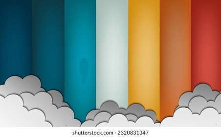 illustration of colorful square line background with clouds. Cartoon illustration of fantasy magical landscape rainbow in cloudy sky. tosca orange red brown yellow rectangle with shadow