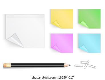 Illustration of colorful stickers with curled corners, pencil and paper clips isolated 