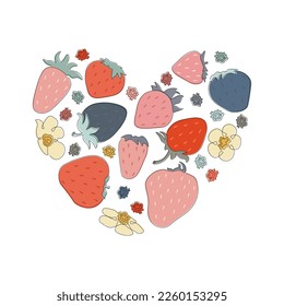  Illustration of colorful strawberries and flowers continuous one line art.